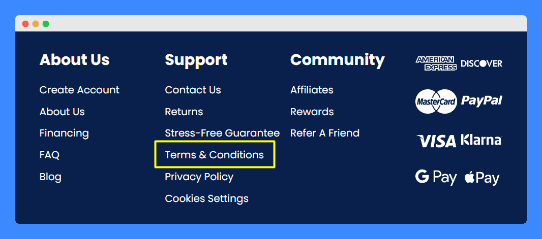 Terms and conditions link in website footer