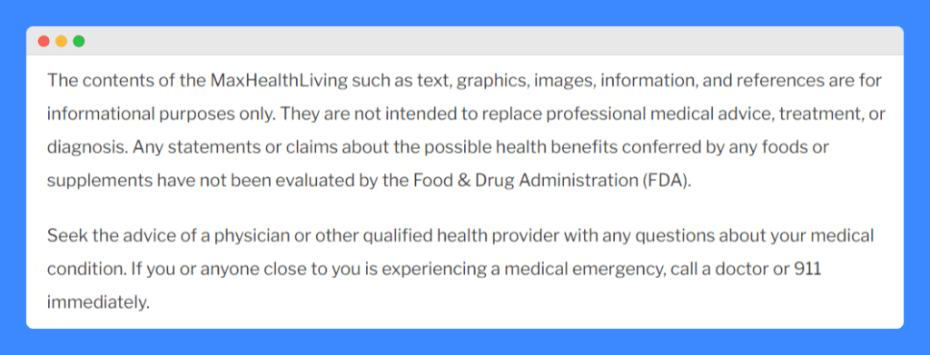 Medical disclaimer clause in Max Health Living website.