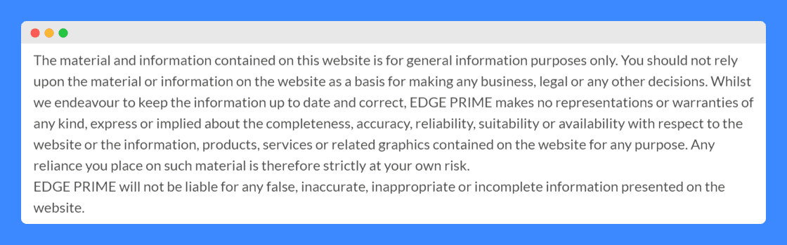 Local small businesses disclaimer clause in Edge Prime Energy website.