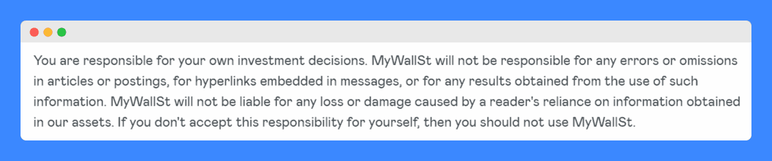 Investment disclaimer clause in MyWallSt website.