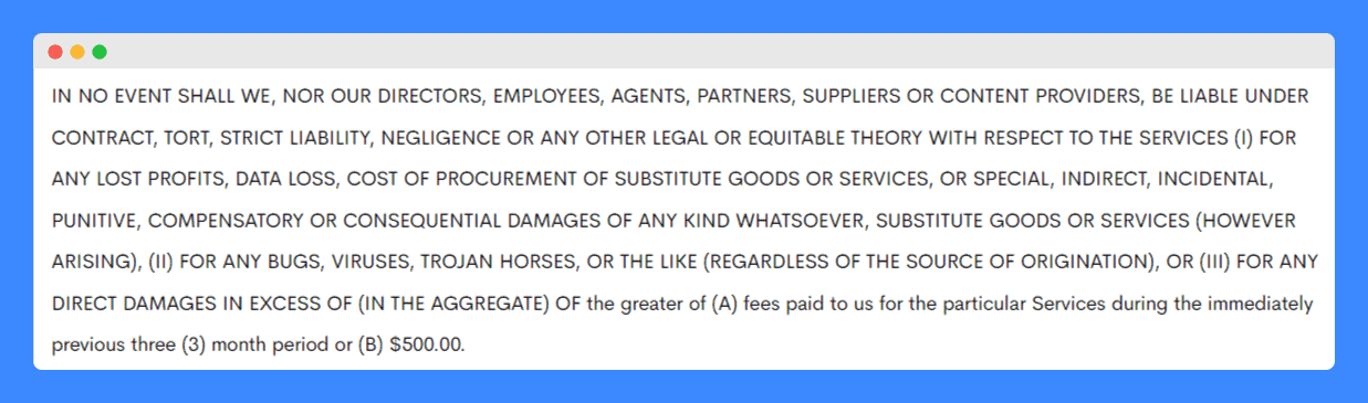 eCommerce store disclaimer clause in Vinebox website.