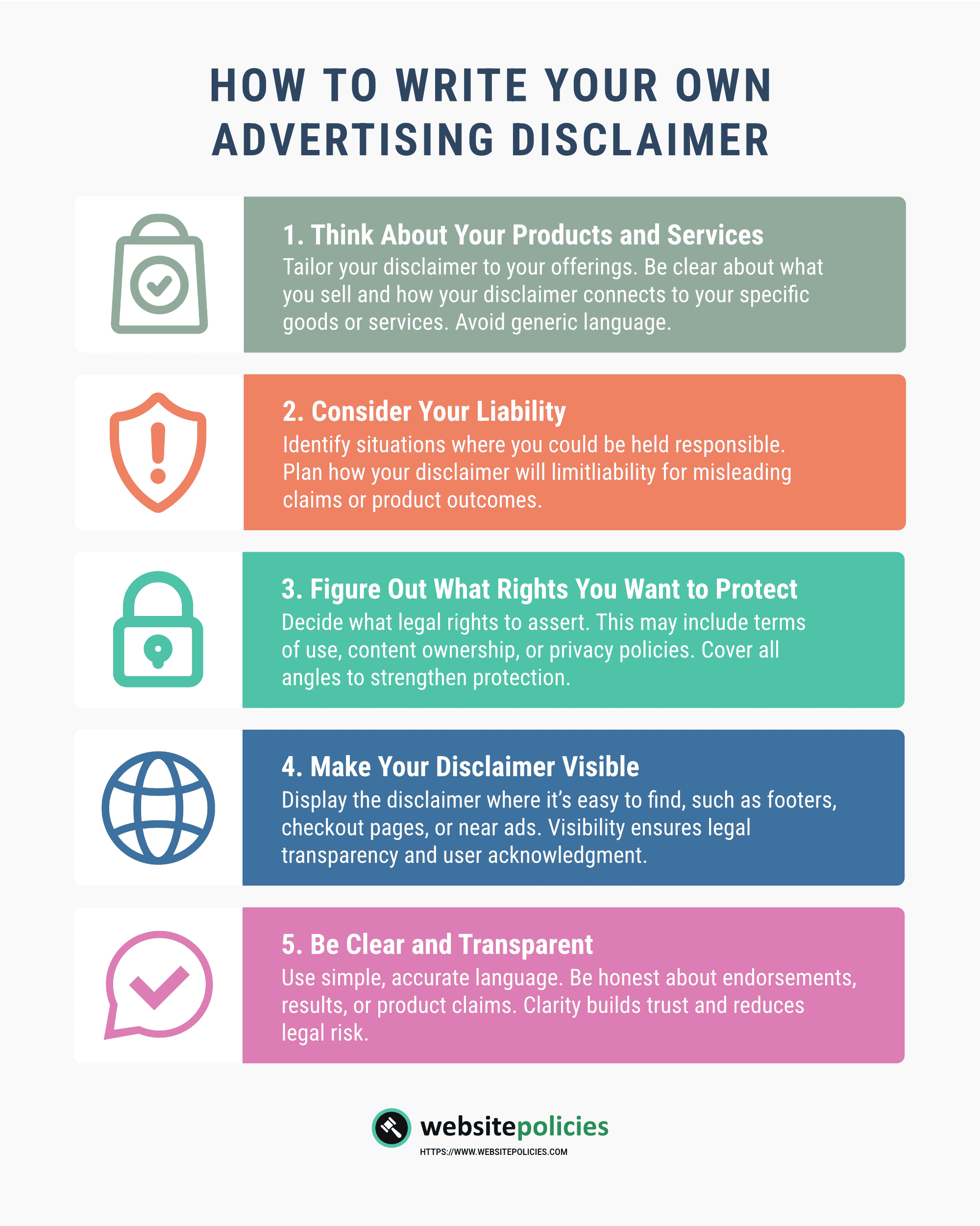 An infographic showing how to write an advertising disclaimer on a light gray background.