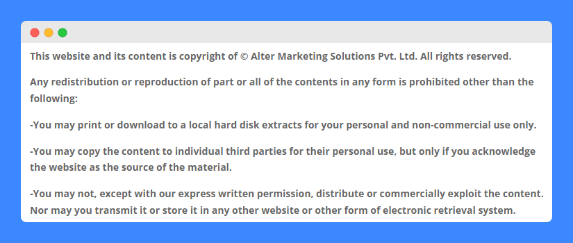 Copyright disclaimer clause in Alter's website.