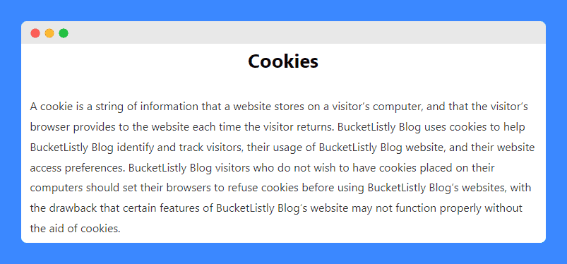 Cookies clause in BucketListly privacy policy.
