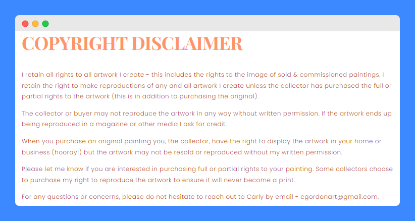 Copyright disclaimer clause in Carly Gordon website.