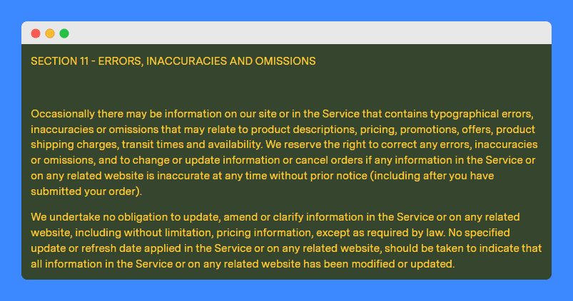 Errors, inaccuracies and omissions clause in Detour's terms and conditions.