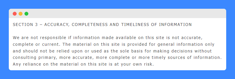 Accuracy, completeness and timeliness of information clause in Dumbbell Blonde terms and condition.