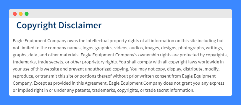 Copyright disclaimer clause in Eagle Equipment website.