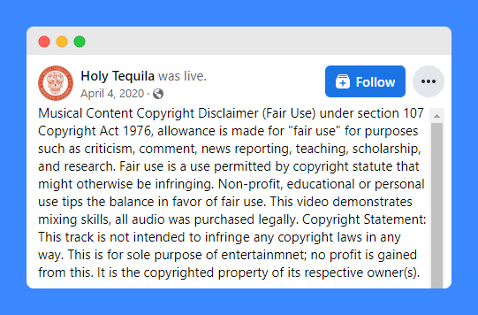 Fair use clause in Holy Tequila's Musical Content Copyright Disclaimer in Facebook.