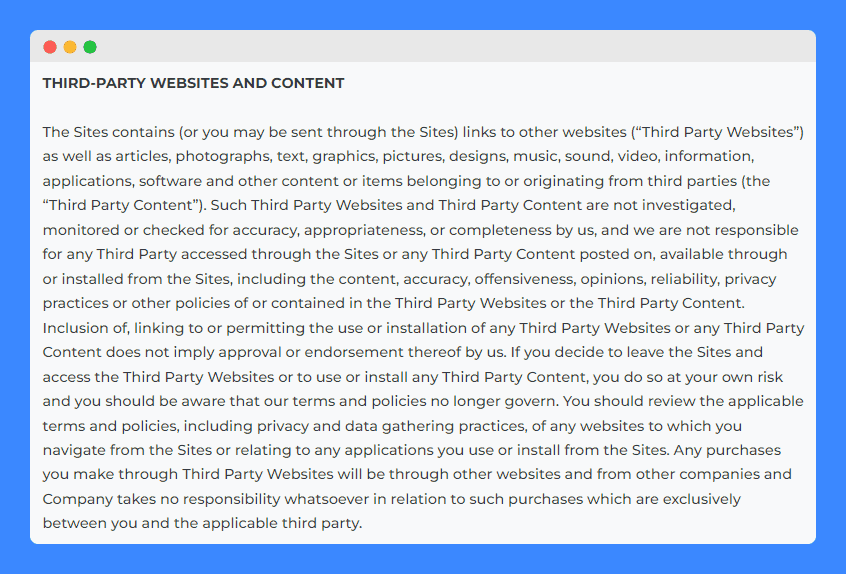 Third-party websites and content clause in Hot for Food terms and conditions.