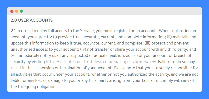 User accounts clause in Insight Timer's terms of service.