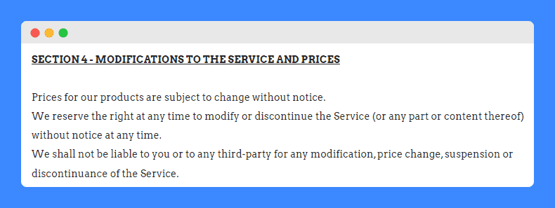 Modifications to the service and prices clause in Leif Shop's terms & conditions.