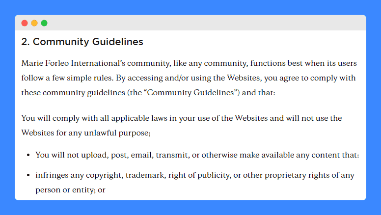 Community Guidelines clause in Marie Forleo terms of use.