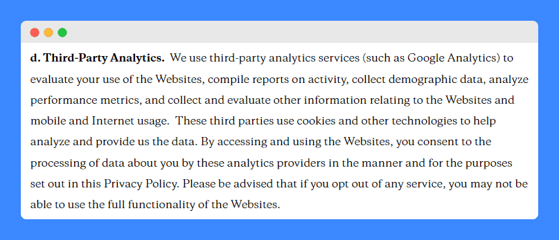 Third-party analytics clause in Marie Forleo privacy policy.