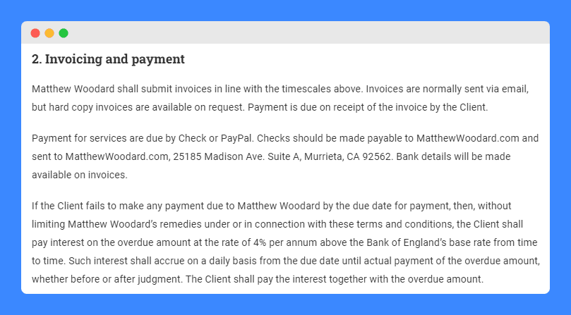 Invoicing and payment clause in Matthew Woodard's terms and conditions.