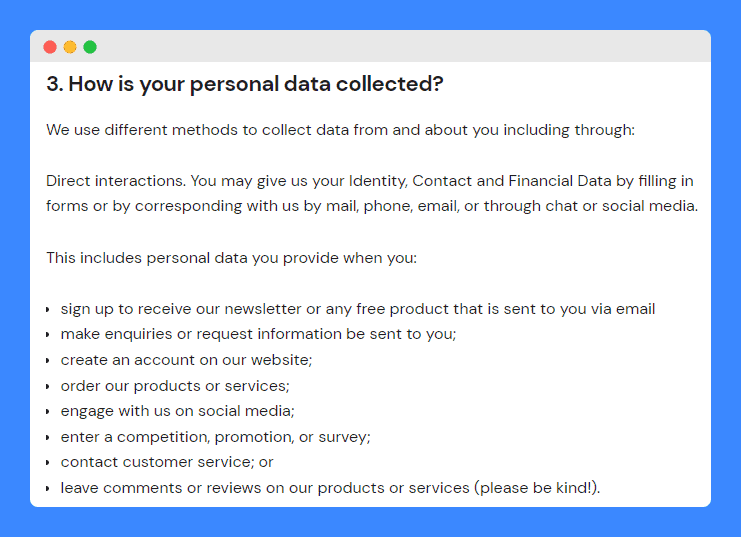 How is your personal data collected clause in Mel Robbins privacy policy.