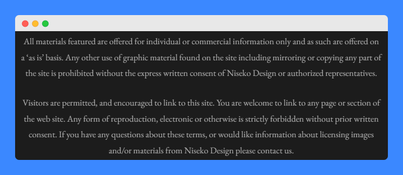 Copyright & disclaimer clause in Niseko Design website.