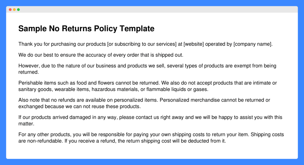 Sample no returns policy template