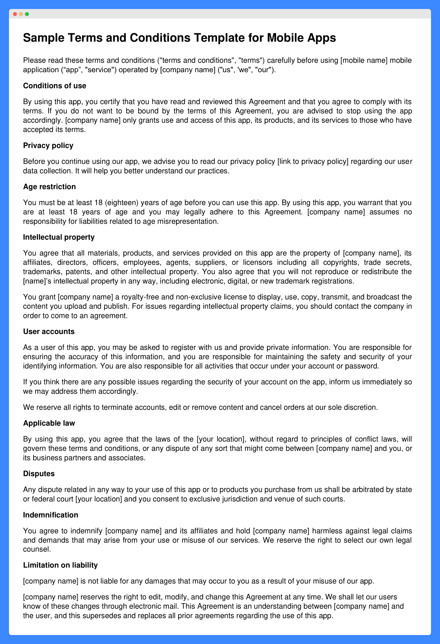 Sample terms and conditions template for mobile apps
