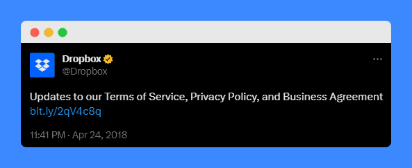 Privacy policy update announcement in Dropbox's twitter account.