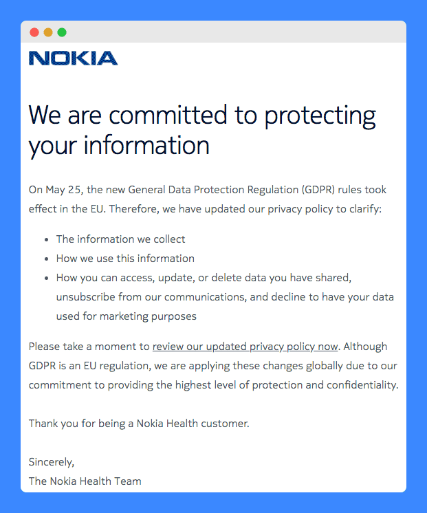 "We are committed to protecting your information" clauses in Nokia's privacy policy update email notification.