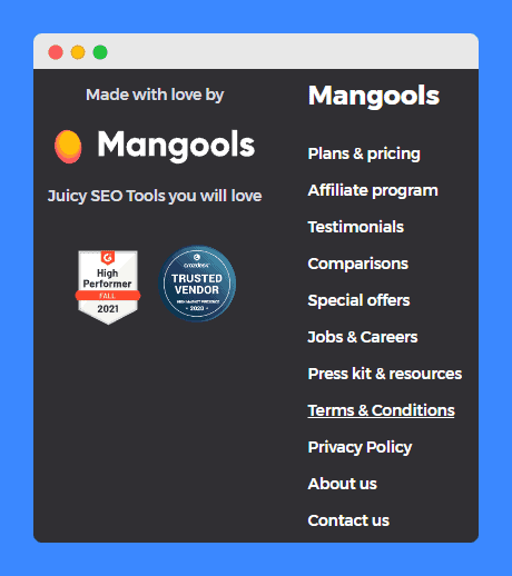 Terms & conditions link in Mangools website footer.