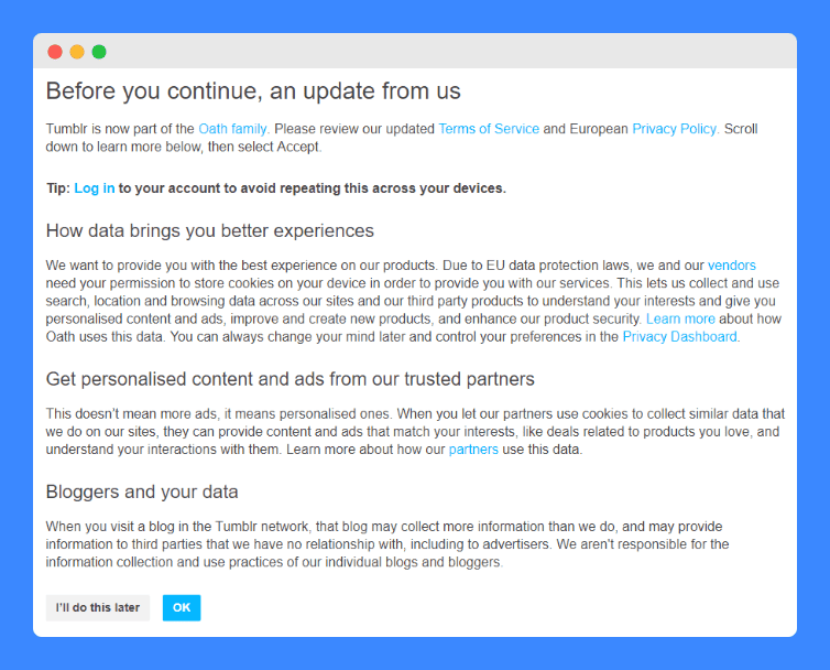 "Before you continue, an update from us" clauses in Tumblr's privacy policy update in website popup consent.