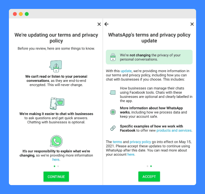 Privacy policy update clause in WhatsApp's push notification.