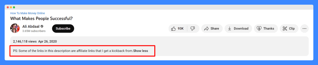 Screenshot of Ali Abdaal's YouTube video description with affiliate links disclosure.
