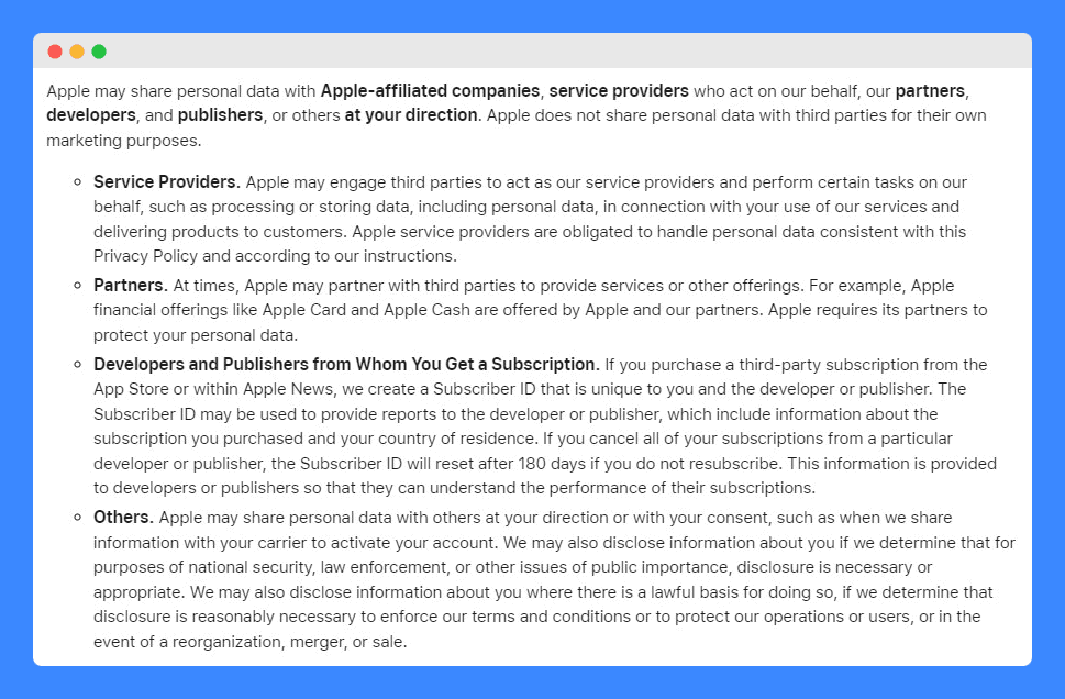 "Apple's sharing of personal data" clauses in Apple privacy policy.
