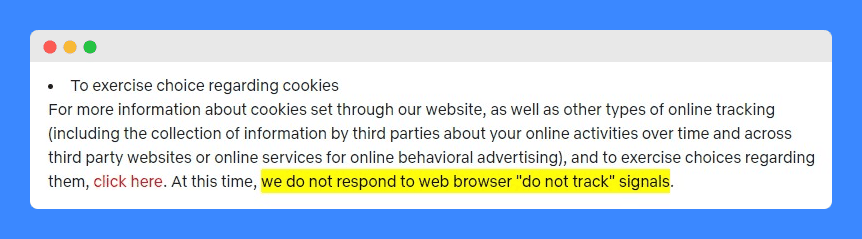 "We do not respond to web browser 'do not track' signals" emphasized in yellow highlight in Netflix privacy policy.