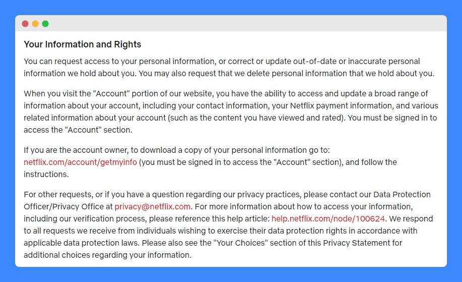 "Your information and rights" clauses in Netflix privacy statement.