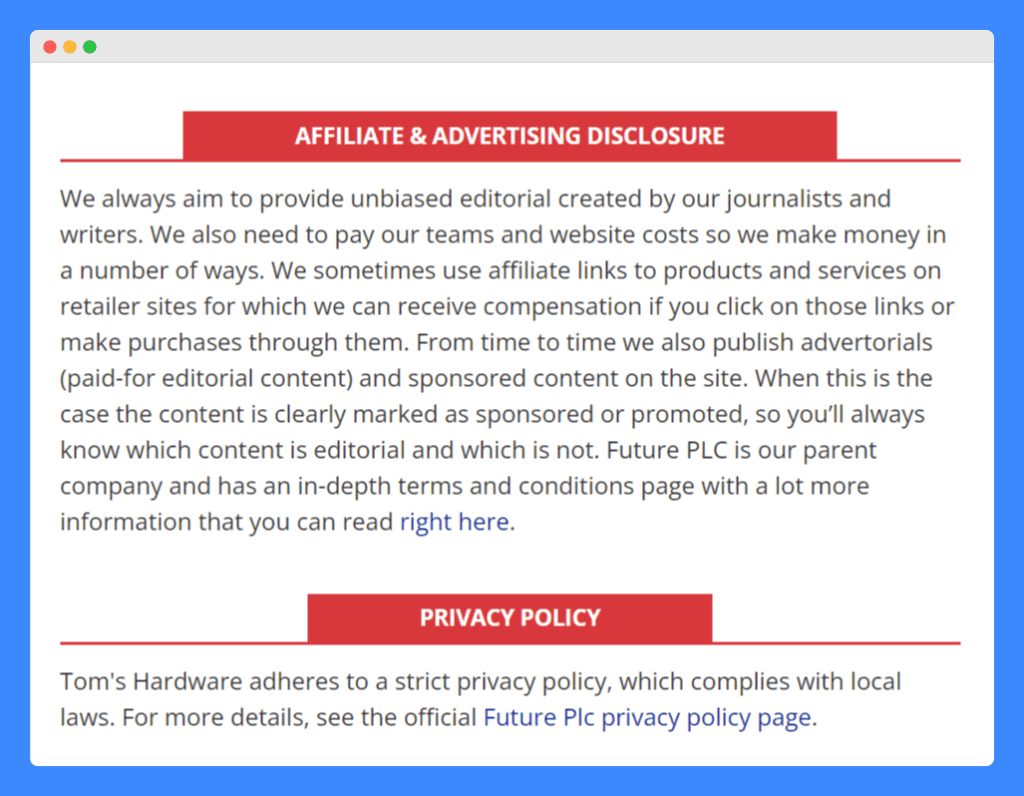 Screenshot of affiliate and advertising disclosures on Tom's hardware blog