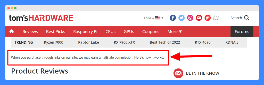 Screenshot of affiliate disclosure on Tom's hardware blog