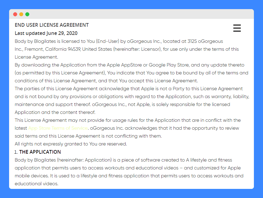 End user license agreement clause in Blogilates terms and conditions.