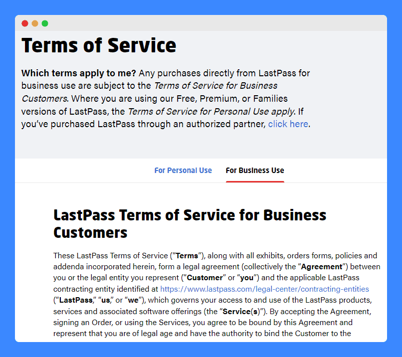 LastPass terms of service for business customers clause.
