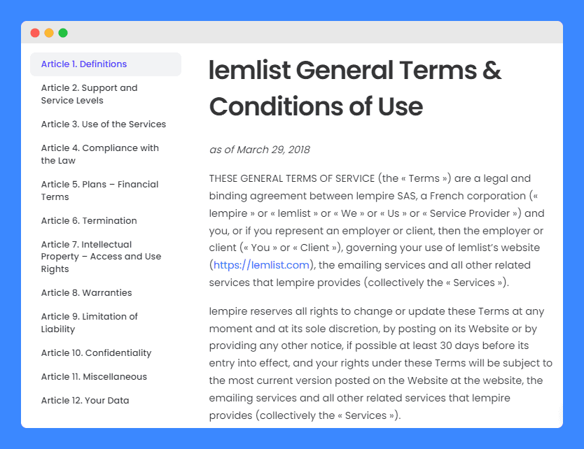 Lemlist general terms & conditions of use clause.