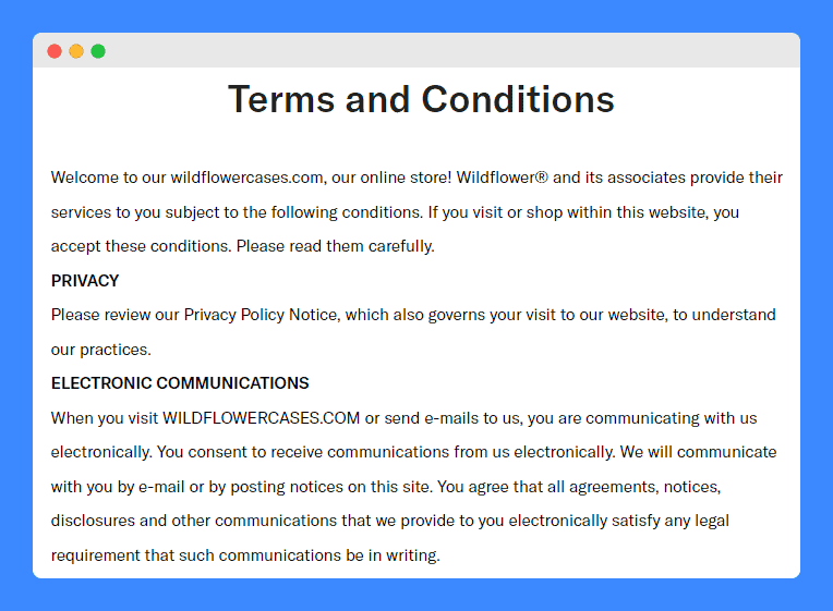 Privacy and electronic communications clause in Wildflower terms and conditions.