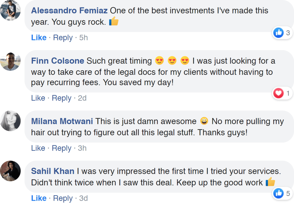 Screenshot of testimonials left by customers