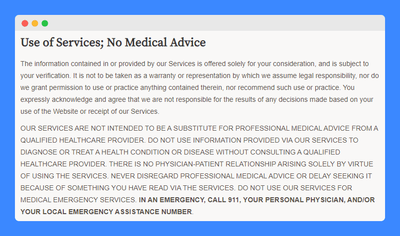 User of services, no medical advice clause in HCA Healthcare terms of use.