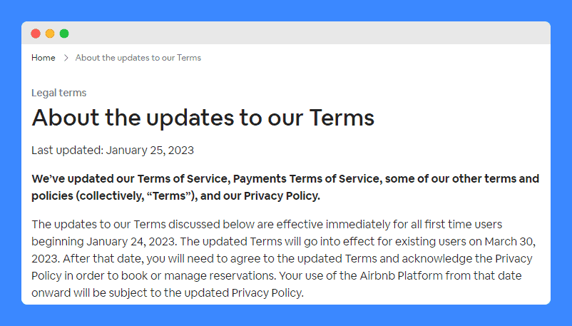 "About the updates to our Terms" clauses in Airbnb website.