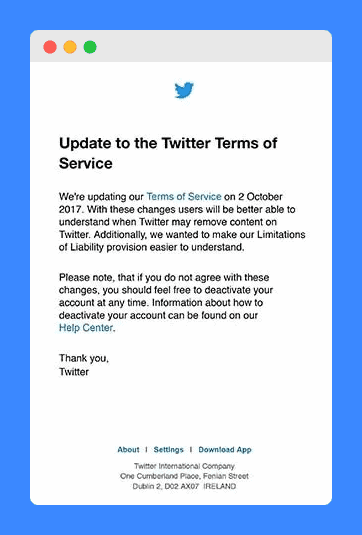 "Update to the Twitter Terms of Service" clauses on email notification.
