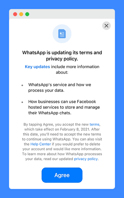 "WhatsApp is updating its terms and privacy policy" clauses on app notification.