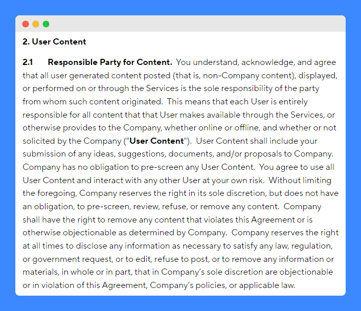 "Responsible party for content" clause under User Content in Dotdash Meredith terms of service.