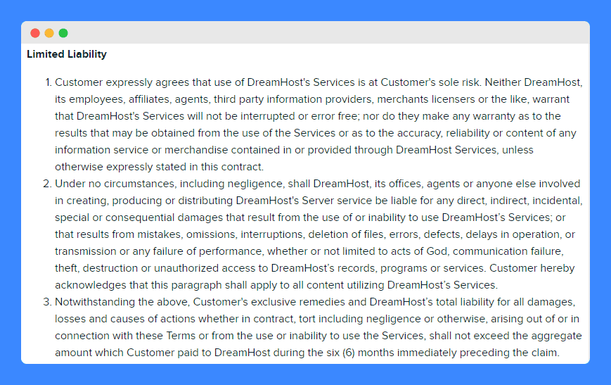 "Limited Liability" clauses in DreamHost general terms of service.