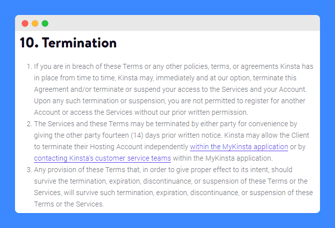 "Termination" clauses in Kinsta Inc. terms of service.