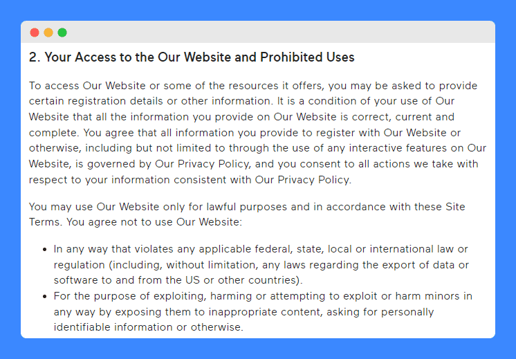 "Your access to the our website and prohibited uses" clauses in Mindbodygreen terms of use.