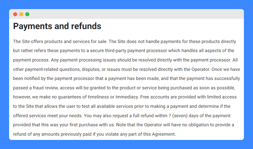 "Payments and refunds" clause in WebsitePolicies privacy policy and terms.
