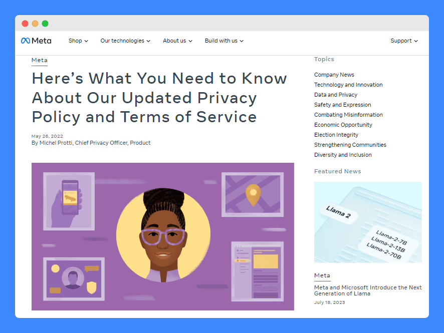 "Here’s What You Need to Know About Our Updated Privacy Policy and Terms of Service" blog post in Meta website.