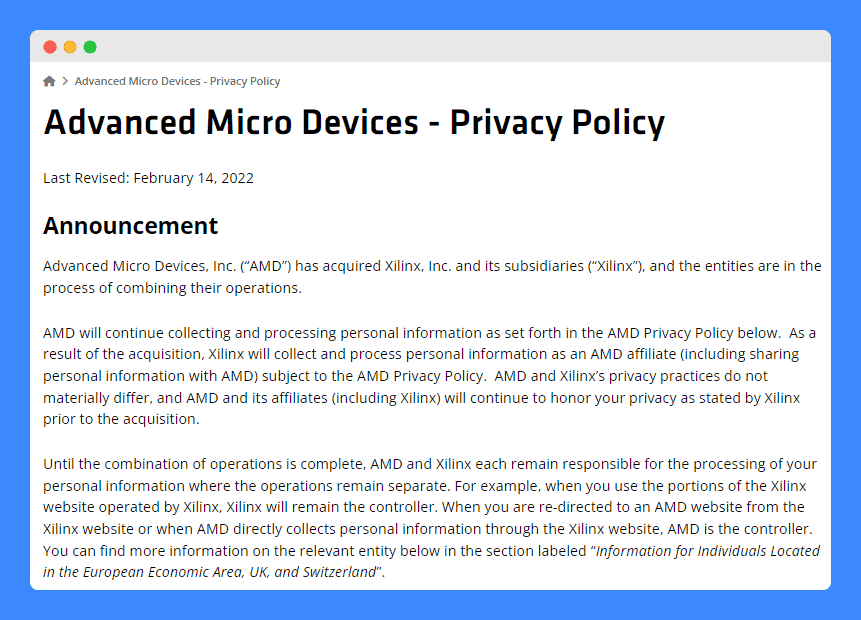 The Announcement clauses in AMD privacy policy.